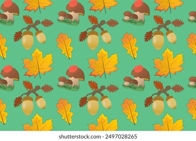 Seamless pattern featuring colorful autumn leaves, acorns, and mushrooms on a green background. Perfect for seasonal designs and crafts.