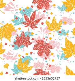 Seamless pattern featuring colorful autumn leaves in red, yellow, pink, and teal on a light background. A vibrant and trendy design for seasonal themes, creative projects, and decorations.