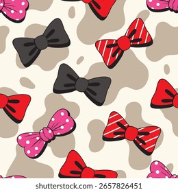 Um padrão perfeito com arcos coloridos em vários tamanhos colocados sobre um fundo de impressão de vaca bege. Este design divertido e moderno combina elementos de fita bonito com uma impressão animal na moda.