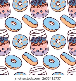 Seamless pattern featuring colorful bubble tea cups and glazed donuts on pastel background. Fun and playful food design for packaging, textiles, and cafe branding