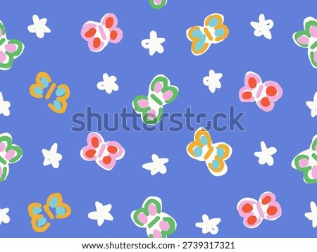 Seamless pattern featuring colorful butterflies and small white flowers on a blue background in a playful childlike illustration style.