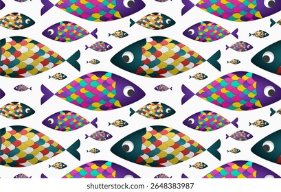 Um padrão sem costura com colorido desenho animado peixe com escalas de arco-íris, perfeito para produtos, tecidos, papéis de parede e desenhos divertidos com tema marinho.