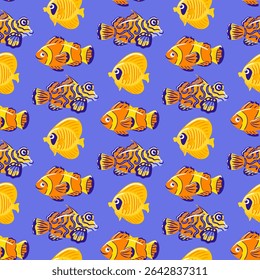 A seamless pattern featuring the colorful Chaetodon semilarvatus, vibrant mandarin fish, and playful clownfish, showcasing their intricate details and lively movements in a tropical underwater scene