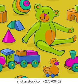 seamless pattern featuring colorful, cute, classic kids toys - teddy bear, duck on wheels, building blocks, ball and wooden train