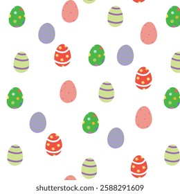 A seamless pattern featuring colorful decorated Easter eggs on a white background. Perfect for holiday-themed designs, wrapping paper, and textiles.	