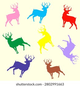 A seamless pattern featuring colorful deer silhouettes on  dark background, perfect for festive decor, winter prints, and creative design projects.
