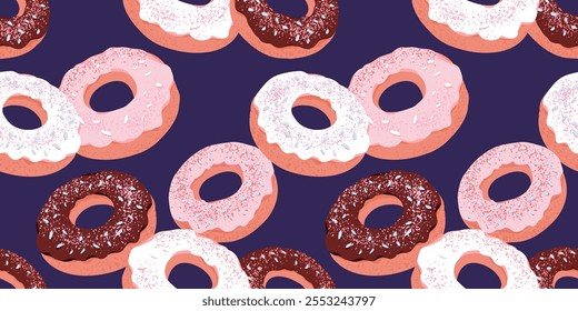 Patrón sin fisuras con rosquillas de colores con chocolate, rosa, glaseado blanco, rociado con coberturas en fondo azul marino. Diseño perfecto para proyectos de panadería, packaging o diseños textiles.