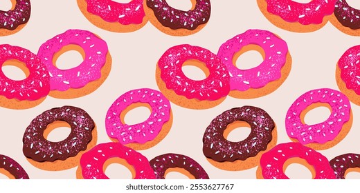 Seamless pattern featuring colorful donuts with chocolate, pink, and white frosting, sprinkled with toppings. Design perfect for bakery-themed projects, packaging, or textile designs