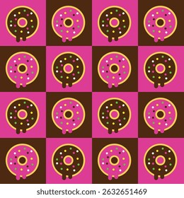 A seamless pattern featuring colorful donuts with sprinkles and glaze on a light background.