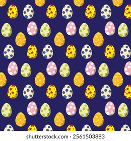 A seamless pattern featuring colorful Easter eggs with intricate designs and cheerful elements. Perfect for festive greeting cards, wrapping paper, holiday decorations, and seasonal projects. 