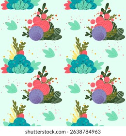 A seamless pattern featuring colorful floral elements. Includes pink, purple, and blue flowers with green leaves on a light mint background.