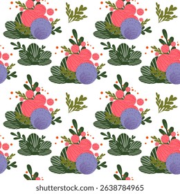 A seamless pattern featuring colorful floral elements. Includes pink and purple flowers with green leaves on a white background.