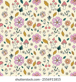 Seamless pattern featuring colorful flowers, butterflies, mushrooms, and leaves on a light background with a whimsical, retro vibe inspired by hippie aesthetics and the 70s.