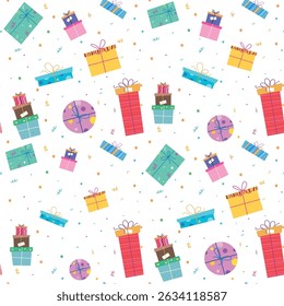 Seamless pattern featuring colorful gift boxes, confetti, and stars on a white background. Ideal for birthday wrapping paper, party decor, kids celebrations, and festive designs.