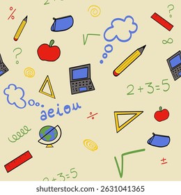 Seamless pattern featuring colorful hand drawn school supplies, math symbols, and thought bubbles on a light yellow background, creating a playful and educational design