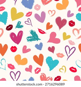 Modelo inconsútil que presenta los corazones y los labios pintados a mano coloridos con texturas expresivas del pincel en un fondo claro. Ilustración juguetona, artística y emocional adecuada para tela, papel de regalo, Fondos de pantalla, impresiones textiles, papelería, fondos, diseño digital y proyectos decorativos creativos.