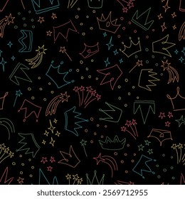 A seamless pattern featuring colorful hand-drawn crowns, shooting stars, fireworks, , and playful shapes on a black background. Vibrant and modern design for stationery, party decor, backgrounds