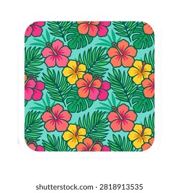 A seamless pattern featuring colorful hibiscus flowers in pink, orange, and yellow, interspersed with lush green palm leaves against a teal background.