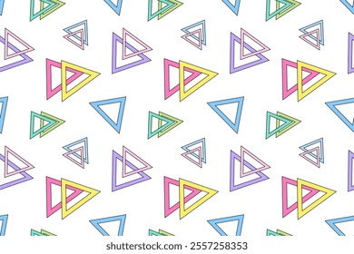 A seamless pattern featuring colorful hollow triangles in various orientations, creating a modern geometric design.