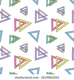 Padrão contínuo com triângulos ocos coloridos em várias orientações, criando um design geométrico abstrato moderno em um fundo branco. Perfeito para papel de parede, papel de parede, papel de embrulho ou presente.