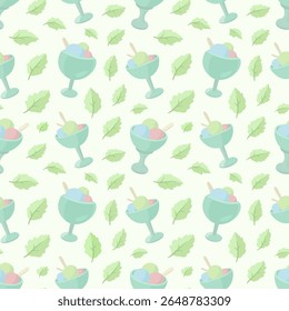 Seamless pattern featuring colorful ice cream scoops in glasses with wafer sticks and green leaves on a light background