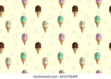 A seamless pattern featuring colorful ice cream cones with chocolate chips on light background for cheerful design, This vector drawing tools and software, not generated by AI
