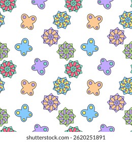 Padrão contínuo com colorido caleidoscópio abstrato flores e borboletas decoradas com círculos em um fundo branco. Ideal para designs de primavera ou verão, acessórios femininos ou itens de bebê.