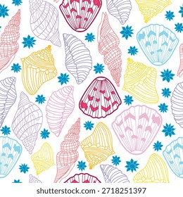 Patrón sin fisuras con coloridas conchas de mar de arte de línea combinadas con delicadas flores azules. Ilustración dibujada a mano inspirada en el océano con un toque botánico ligero y elegante. Perfecto para diseños de verano, fondos con temas de playa, textiles, papel de regalo, papelería, Fondos de pantalla y proyectos de marca marina. Patrón de repetición adecuado para impresión y uso digital.