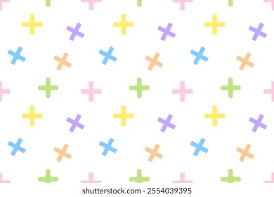 Seamless pattern featuring colorful plus symbols in pastel shades on a white background, ideal for creative designs.