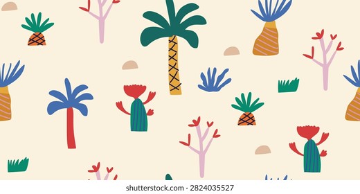 Seamless pattern featuring colorful prehistoric plants, palm trees, fossils, rocks and desert vegetation on a warm sandy paper background. Playful hand drawn Jurassic nature in a Scandinavian paper cut style, perfect for nursery fabrics, children's textiles and dinosaur-themed decor. 100% hand drawn vector file.