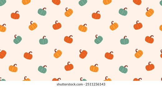 Seamless pattern featuring colorful pumpkins in orange, yellow, and green on a light beige background. Thanksgiving Day. Autumn design for seasonal decor, wrapping paper, and textile projects.