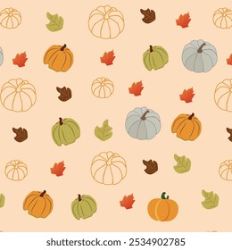 Seamless pattern featuring colorful pumpkins in orange, yellow, and green on a light beige background. Thanksgiving Day. Autumn design for seasonal décor, wrapping paper, and textile projects.