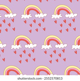 Seamless Pattern Featuring Colorful Rainbows, Clouds,  Falling Hearts. Playful and Whimsical Design on Purple Background. Decorative Composition for Kids and Fantasy Themes. Flat Vector Illustration.