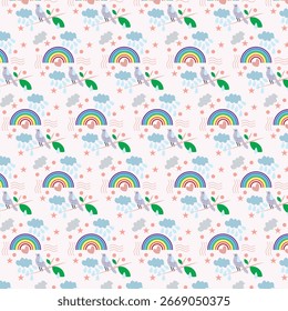 Seamless pattern featuring colorful rainbows, birds on branches, clouds, raindrops, and stars on a soft background. Perfect for kids’ fabrics, wallpapers, wrapping paper, stationery, and decor.