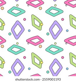 Seamless pattern featuring colorful rhombuses and dots, ideal for vibrant designs, backgrounds, and creative projects.