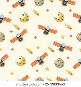 A seamless pattern featuring colorful satellites, planets, moons, stars, and comets in a fun, cartoon style on a light background.