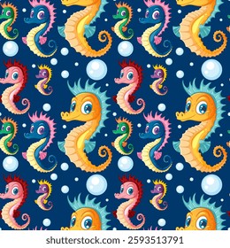 Seamless pattern featuring colorful seahorses and bubbles on blue background