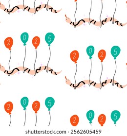 Seamless pattern featuring colorful snake with balloons marking 2025. Snake symbol of the year. Vector hand drawn bold illustration