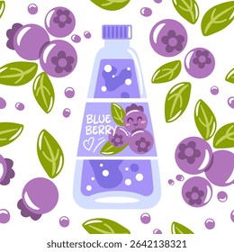 Seamless pattern featuring colorful soda bottles, refreshing blueberry drink, berries and leaves. Perfect for summer designs, brings a fun and refreshing touch to beverage related projects.