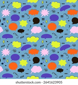 Seamless pattern featuring colorful speech bubbles, symbols, and comic effects on bright blue backdrop. Ideal for fun, playful, or pop art designs. Vector art