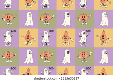 Seamless pattern featuring colorful squares with ghosts and pumpkins in retro style. Vector illustration for Halloween designs, spooky decorations, and festive backgrounds