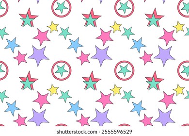 A seamless pattern featuring colorful stars and stars within circles on a white background, ideal for festive designs.