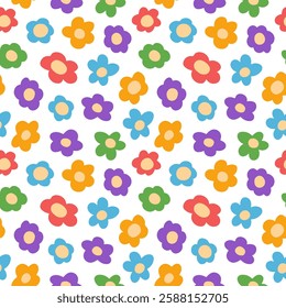 seamless pattern featuring colorful, vibrant flowers in various shapes and sizes, creating a cheerful and playful design perfect for spring and summer themes