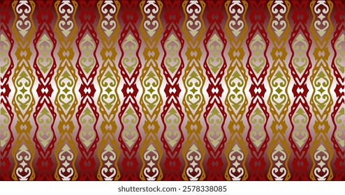 A seamless pattern featuring a combination of red, gold, and white colors, forming a symmetrical motif. This design resembles traditional fabric with a luxurious and elegant feel