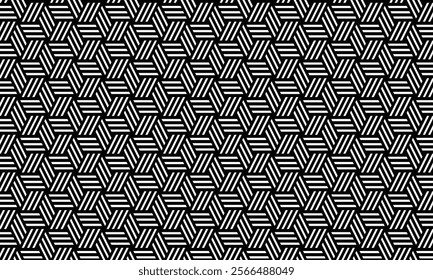 A seamless pattern featuring a complex arrangement of intersecting black lines creating a mesmerizing geometric design on a white background.