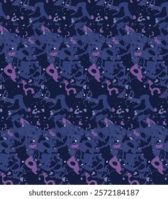 Seamless pattern featuring a complex arrangement of abstract shapes and textures. Shades of blue and purple creating a cool and dramatic color palette. Dynamic interplay of shapes and visual