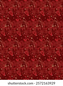 Seamless pattern featuring a complex and dynamic abstract design. Rich shades of red and gold creating a luxurious and festive appearance. Eye-catching composition combining opulent colors.