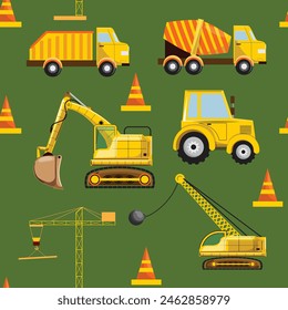 Seamless pattern featuring construction machinery, including tractor, demolition machine, road cones, crane, concrete mixer, and excavator on a green background