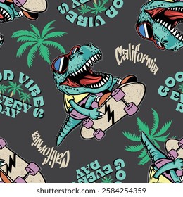 Seamless pattern featuring a cool T-Rex riding a skateboard, wearing sunglasses, and surrounded by palm trees. Retro California vibes, bold colors, and urban street style.