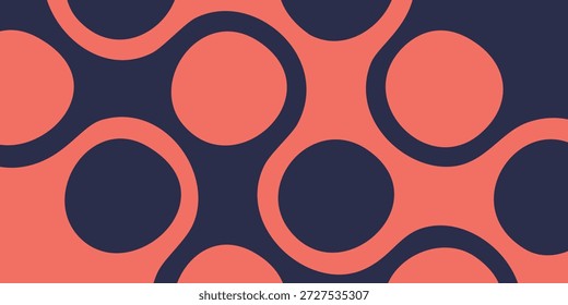 Um padrão sem costura com círculos de cor coral e linhas onduladas azul escuro, criando um design moderno e abstrato.